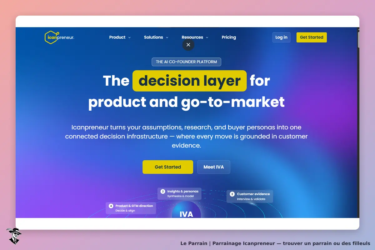 Icanpreneur : page d'accueil présentant un texte sur la plateforme et des boutons d'action