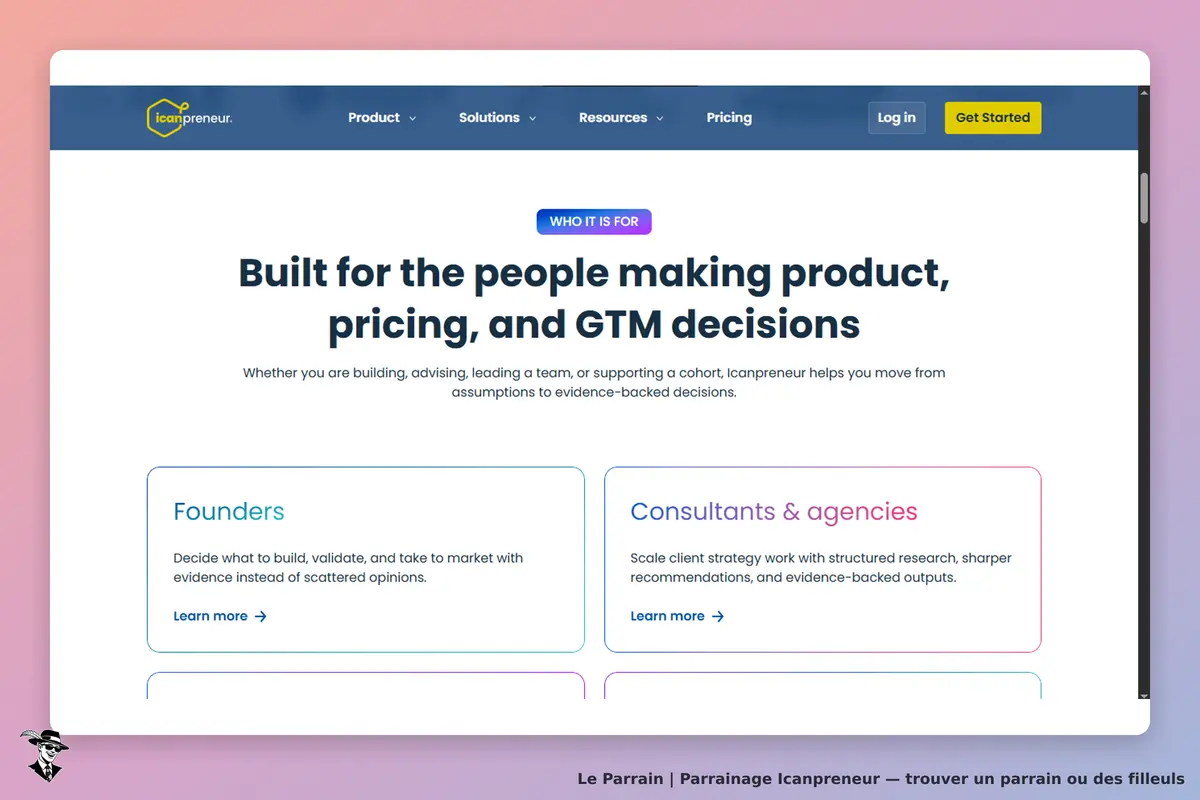 Icanpreneur : page d'accueil présentant les services pour fondateurs et consultants