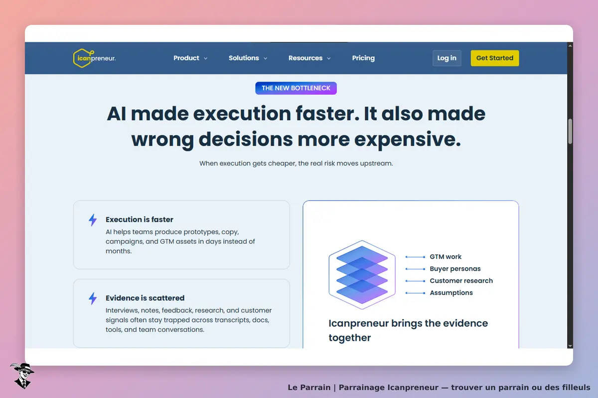 Icanpreneur : page d'accueil présentant des informations sur l'exécution et l'évidence