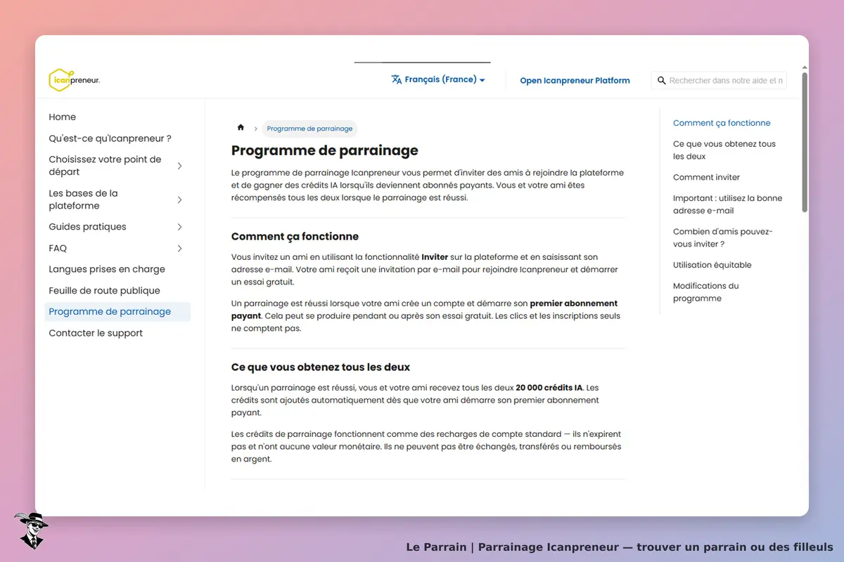 Icanpreneur : page du programme de parrainage avec explications et navigation à gauche