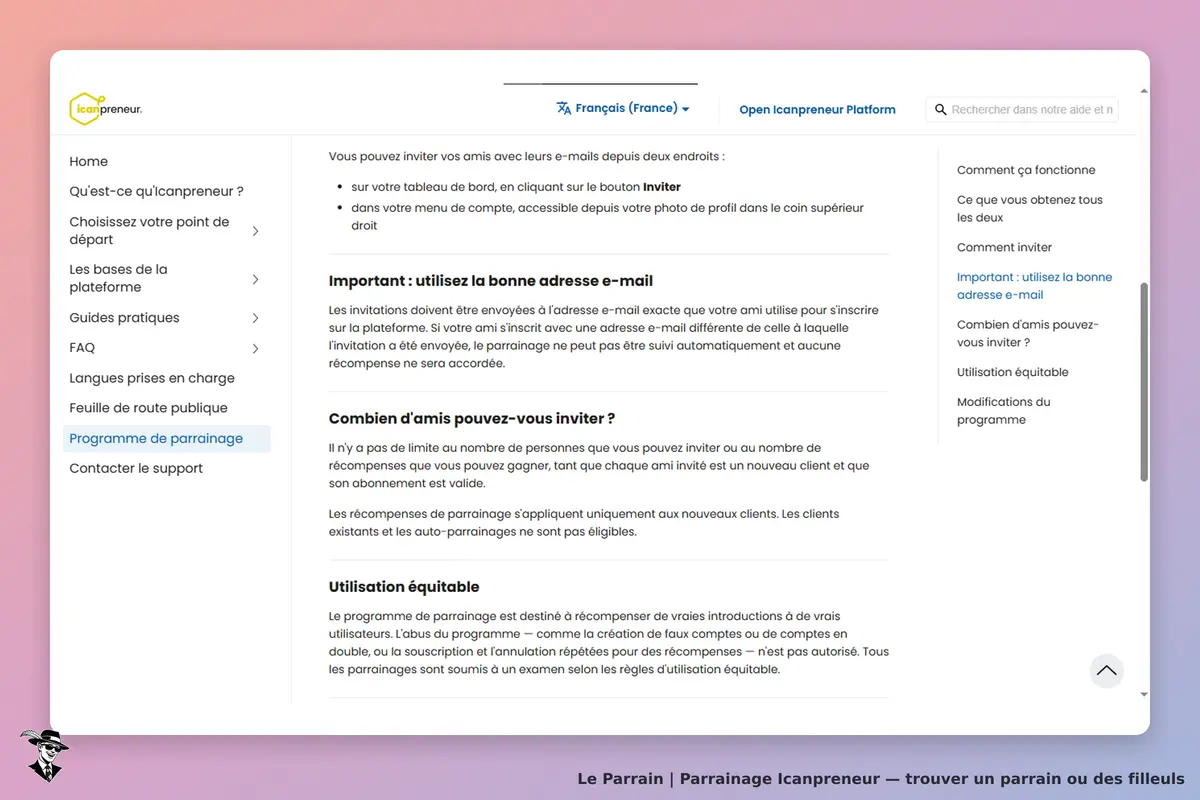 Icanpreneur : page sur le programme de parrainage avec instructions et FAQ