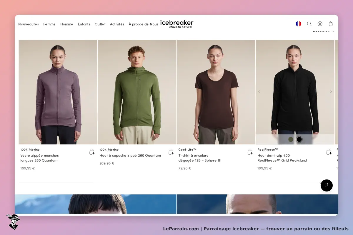 Icebreaker : page d'accueil présentant des vêtements pour hommes et femmes avec descriptions