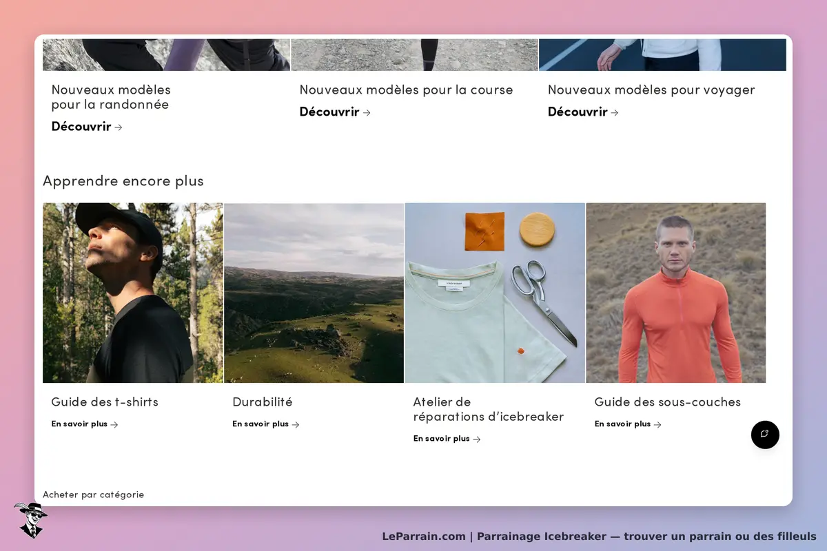 Icebreaker : page d'accueil avec modèles de vêtements et guides d'apprentissage