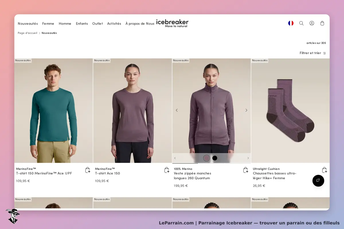 Icebreaker : page d'accueil affichant des vêtements pour hommes et femmes en plusieurs modèles