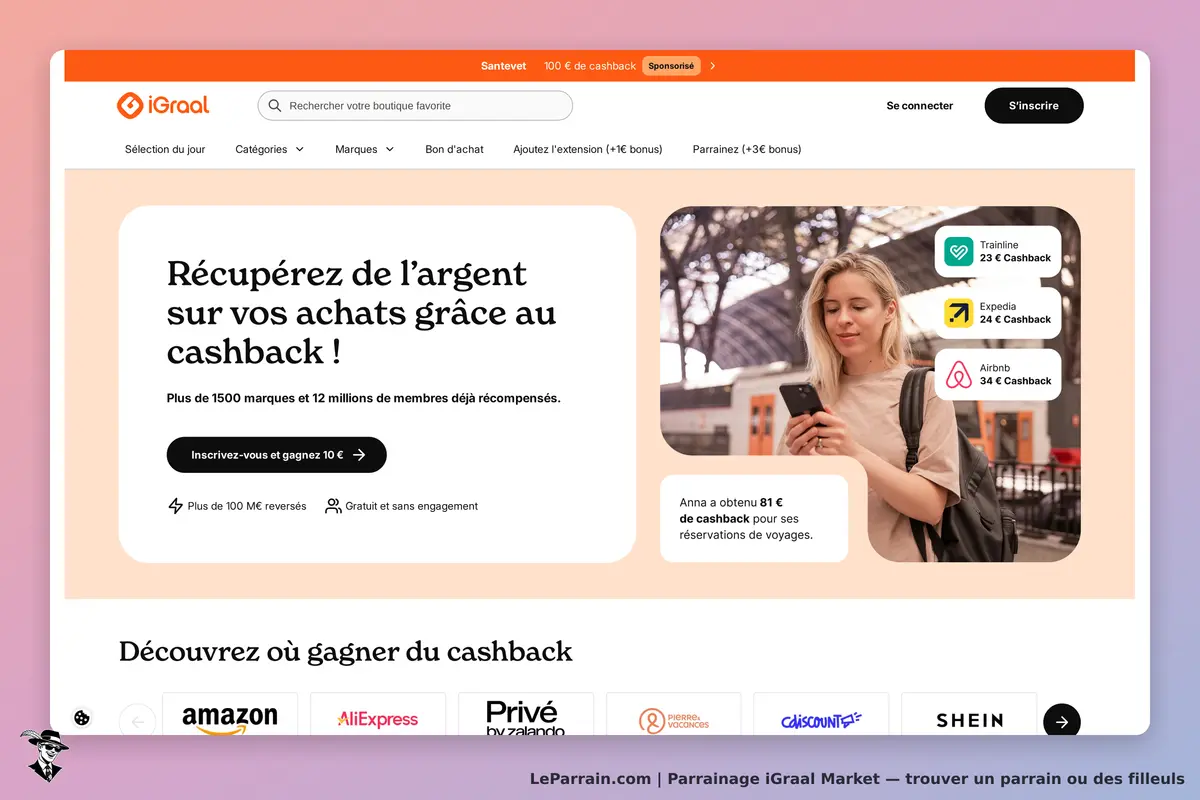 iGraal Market : iGraal : page d'accueil avec informations sur le cashback et une femme utilisant