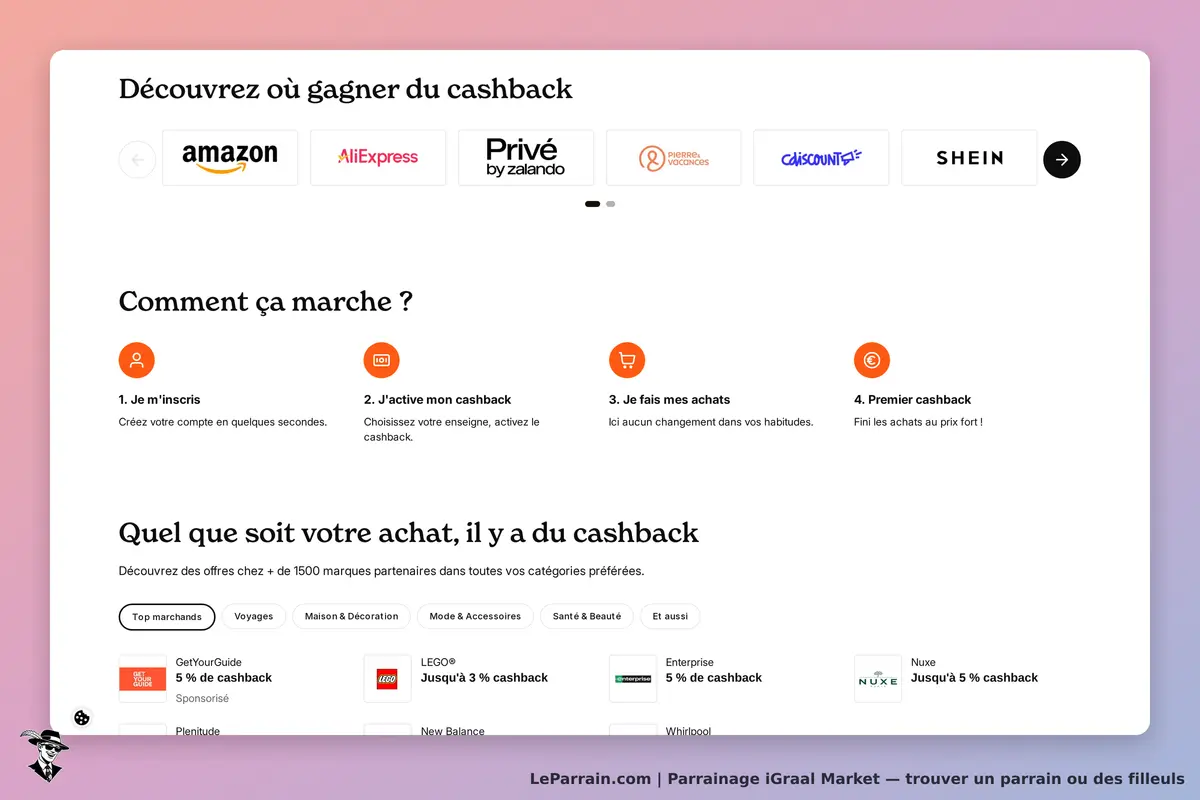 iGraal Market : page d'accueil avec étapes pour gagner du cashback et logos de marques partenaires