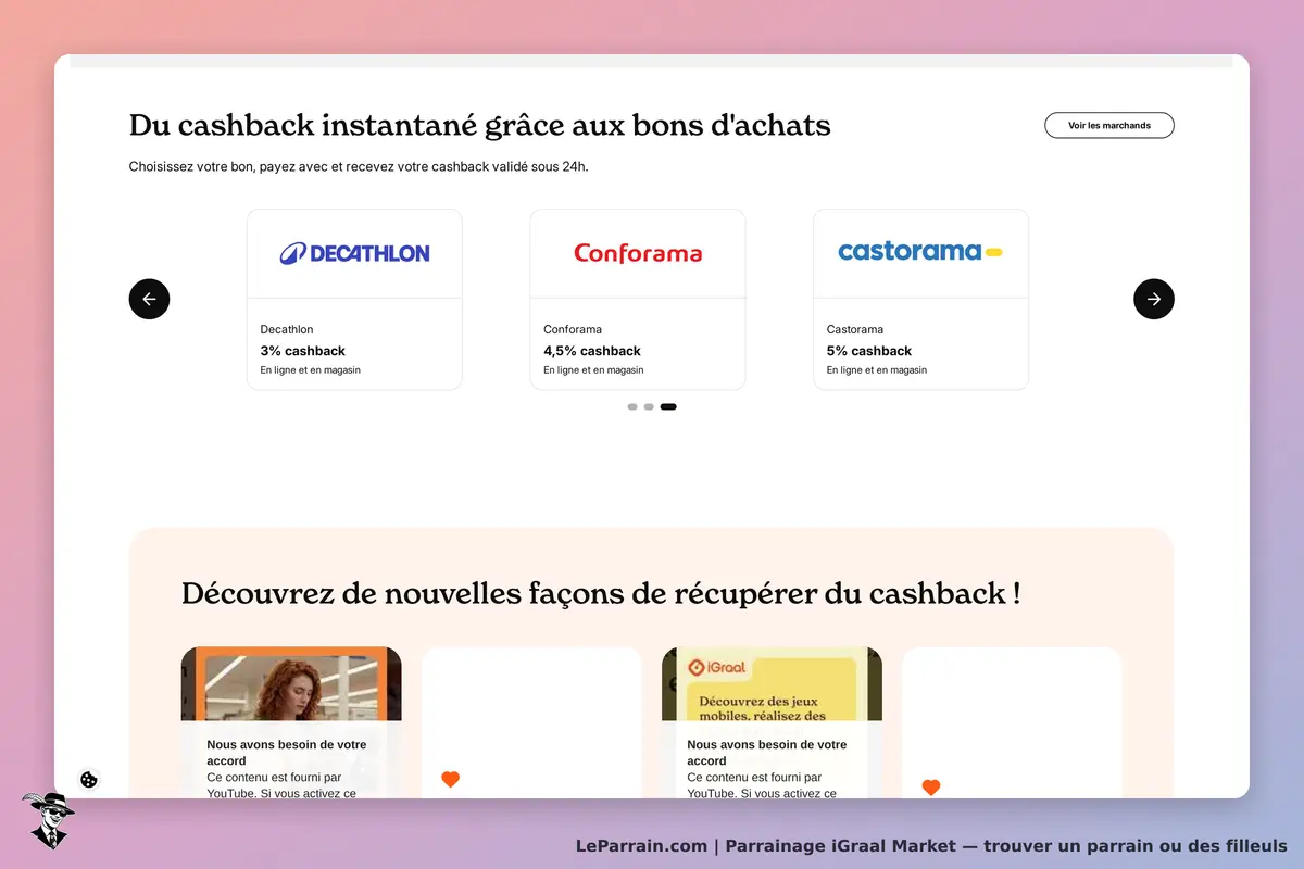 iGraal Market : page d'accueil avec offres de cashback de Decathlon, Conforama et Castorama
