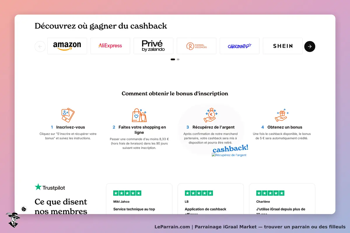 iGraal Market : section sur le cashback avec logos de partenaires et étapes d'inscription visibles