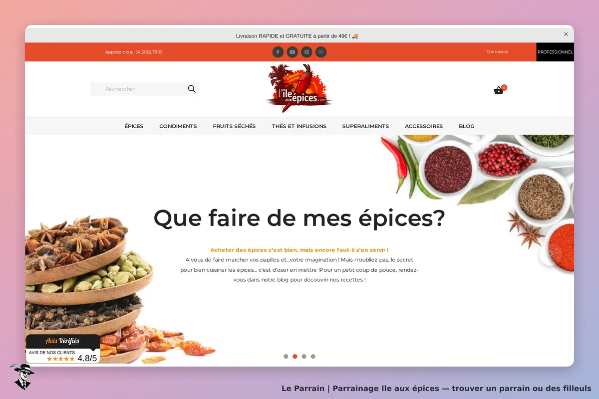 Ile aux épices : page d'accueil avec épices et message sur leur utilisation en cuisine
