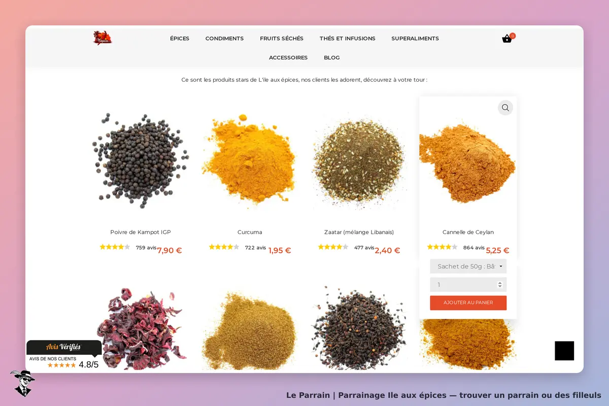 Ile aux épices : affichage de diverses épices avec étoiles et avis clients sous chaque produit