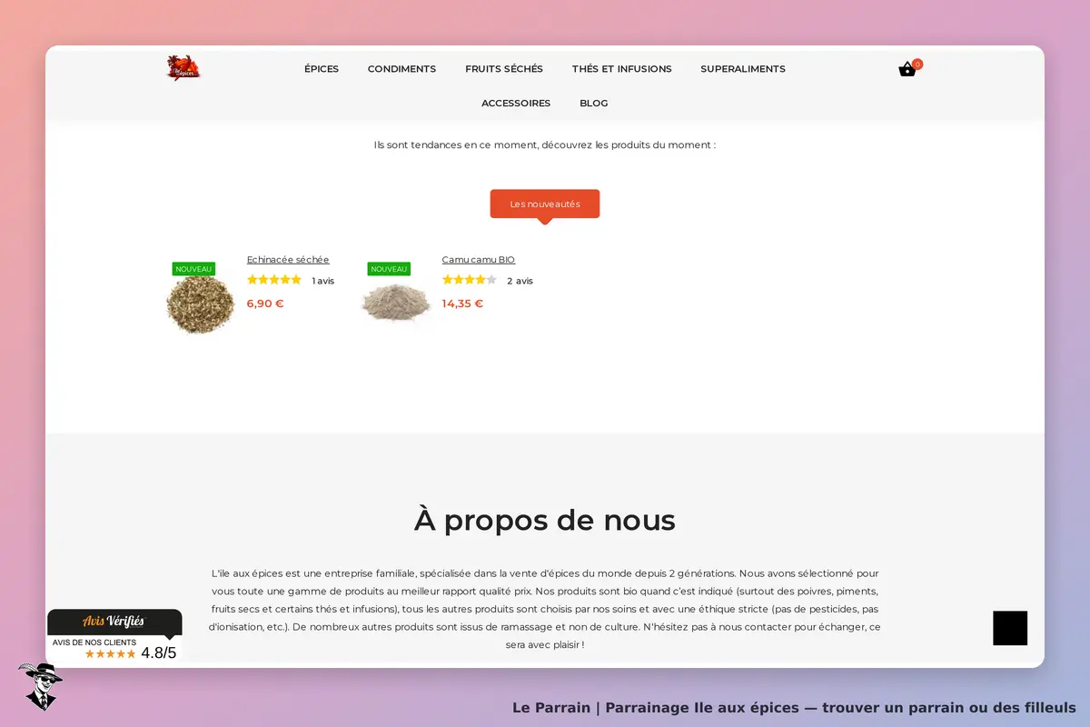 Ile aux épices : page d'accueil présentant des épices et informations sur l'entreprise