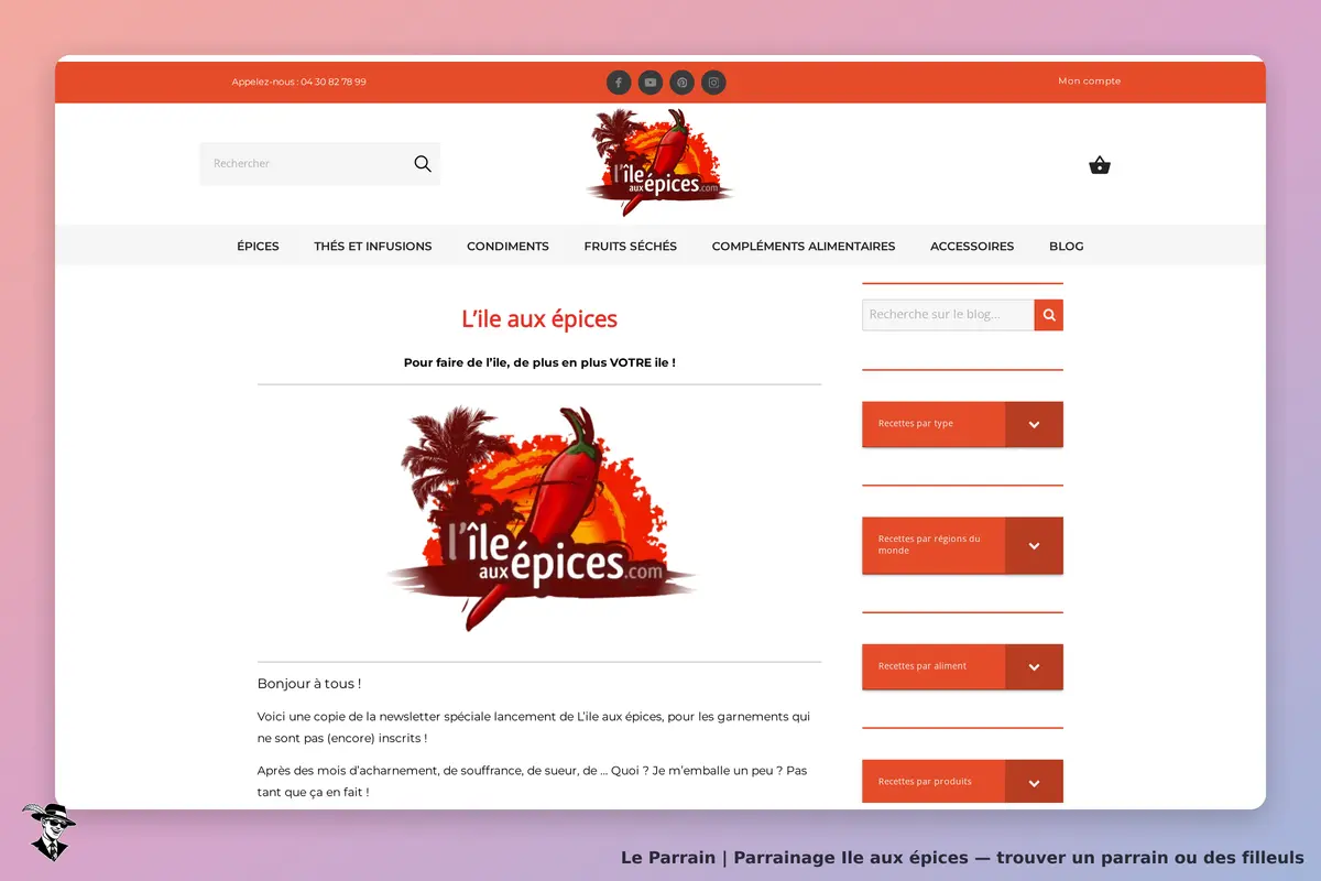 Ile aux épices : page d'accueil avec logo, menu de navigation et texte d'introduction