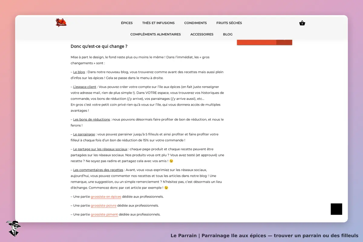 Ile aux épices : présentation des changements sur le site, incluant le parrainage et l'espace