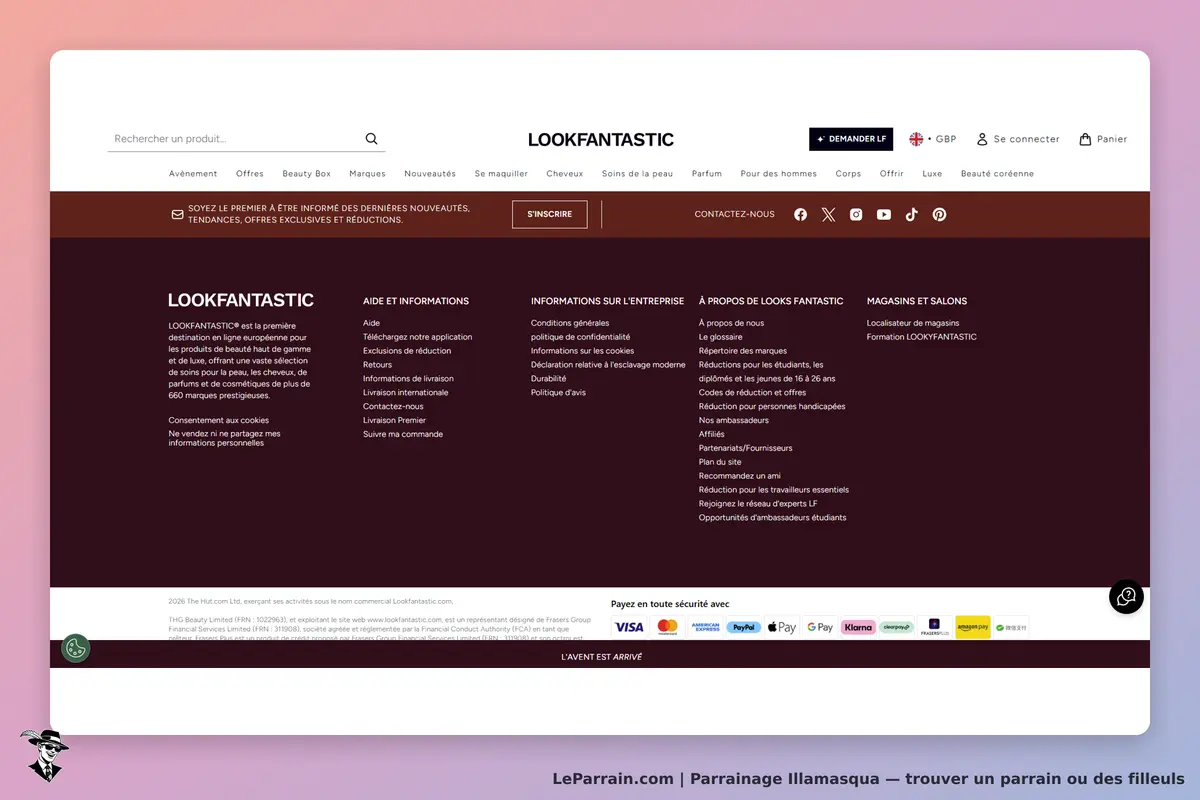 Illamasqua : lOOKFANTASTIC : pied de page avec liens vers aides, informations et services de