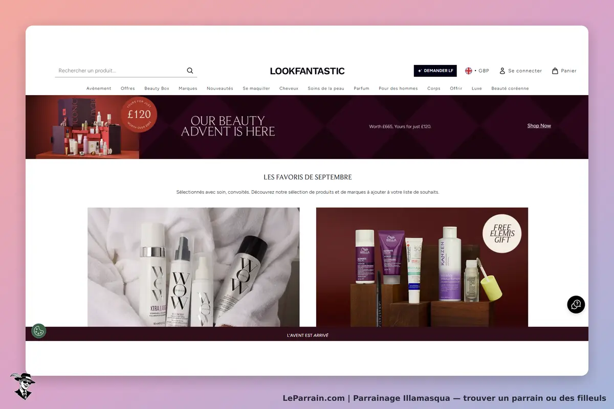 Illamasqua : lookfantastic : page d'accueil avec produits de beauté et section "Les favoris de