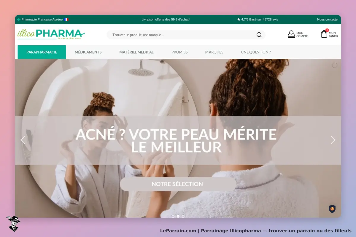 Illicopharma : illico PHARMA : page d'accueil avec une femme se regardant dans un miroir, texte sur