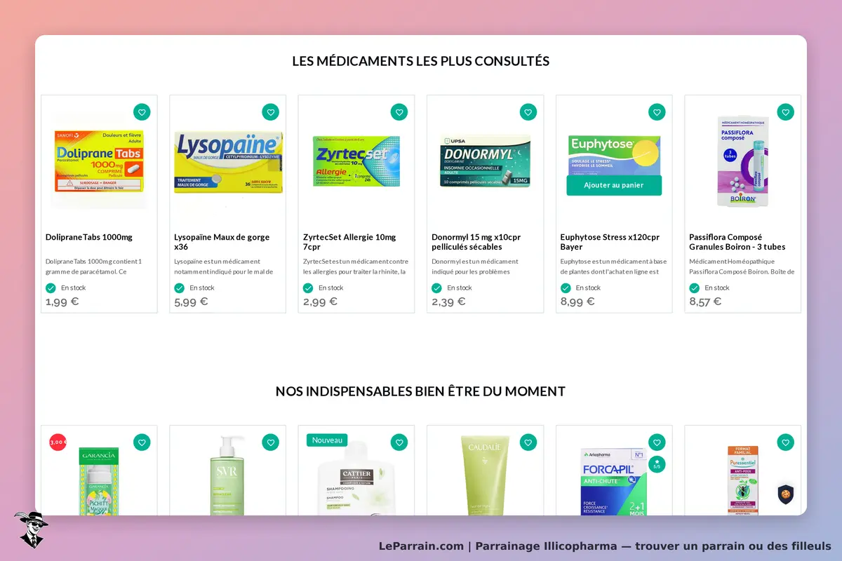 Illicopharma : page d'accueil avec médicaments les plus consultés et produits bien-être