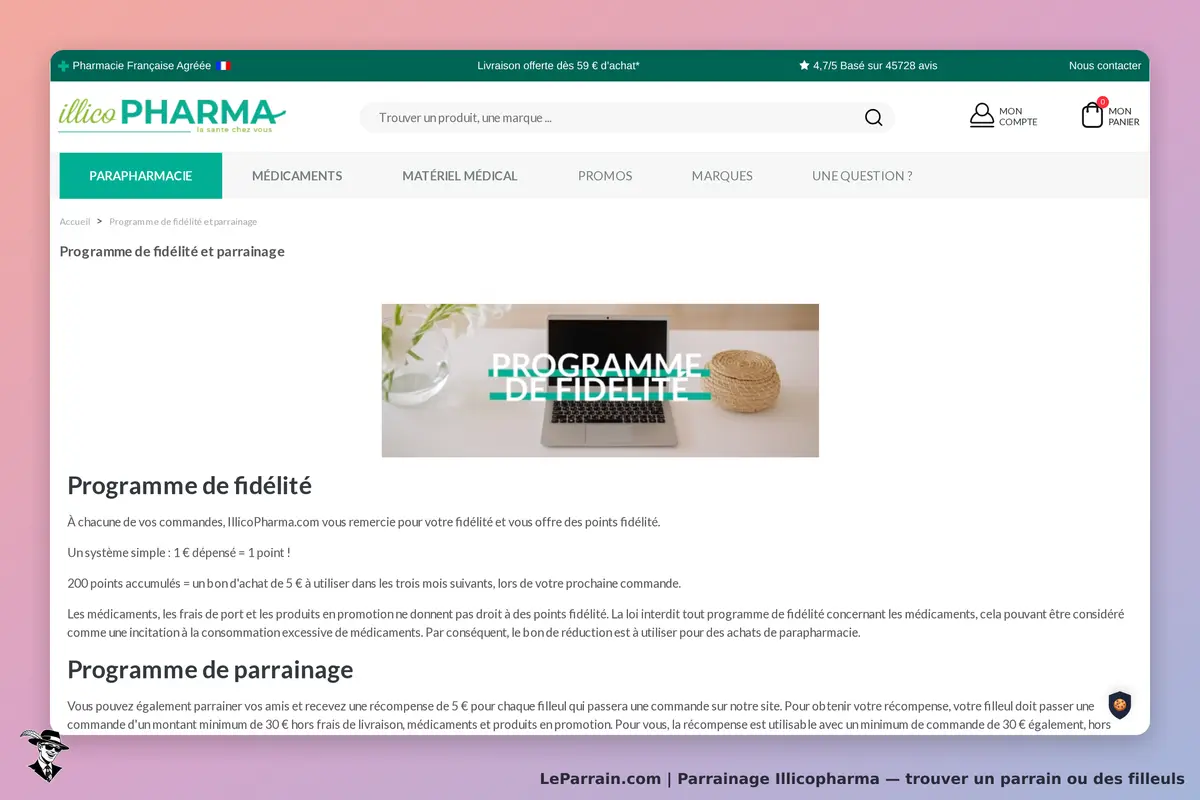 Illicopharma : page sur le programme de fidélité et de parrainage avec un visuel de laptop