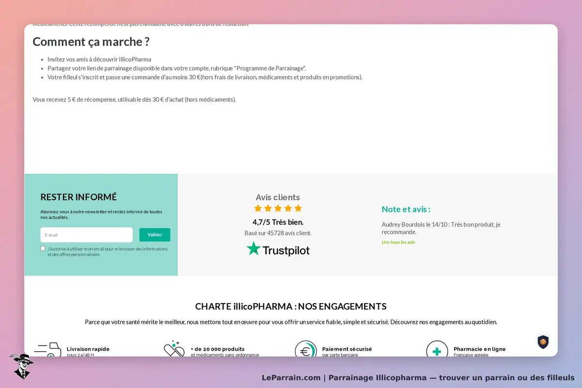 Illicopharma : section sur le parrainage, avis clients et inscription à la newsletter