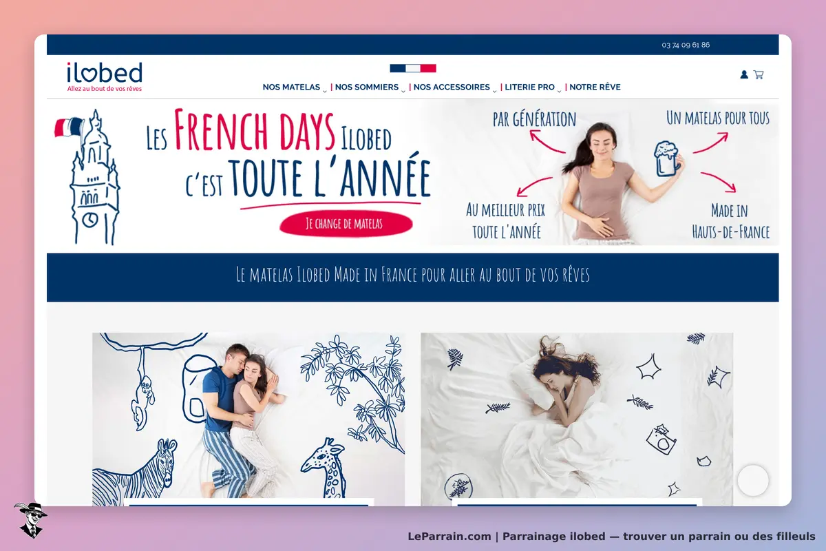 ilobed : page d'accueil avec des visuels de matelas et des personnes dormant paisiblement