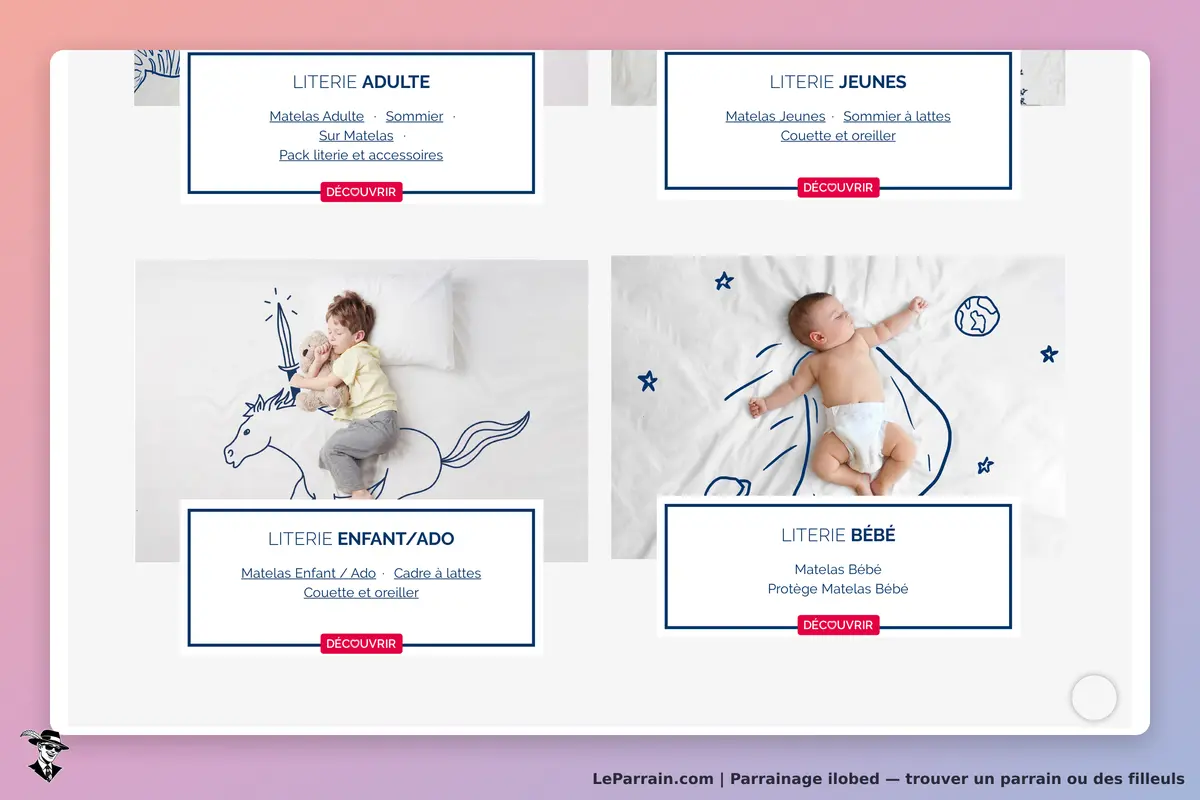 ilobed : page d'accueil présentant différentes catégories de literie avec des images d'enfants