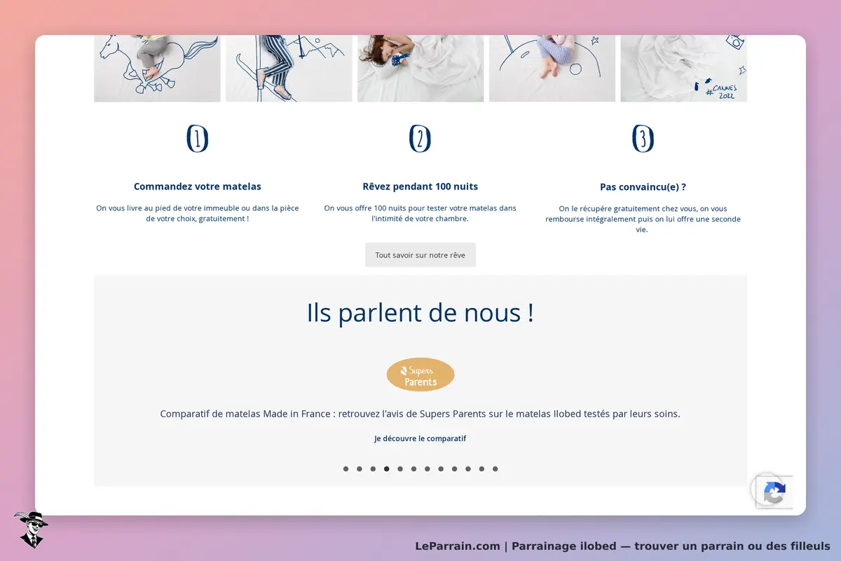 ilobed : page d'accueil présentant des étapes pour commander un matelas et témoignages