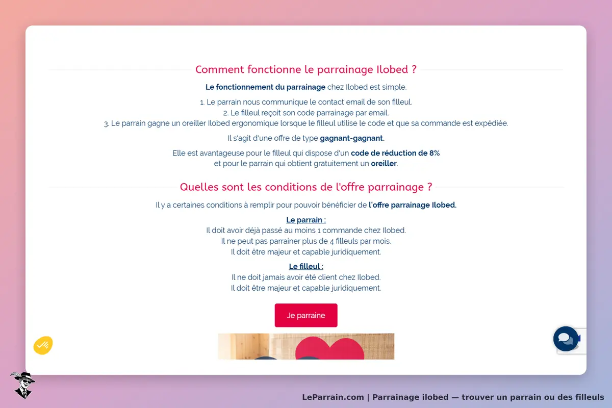 ilobed : explication du fonctionnement et des conditions du parrainage sur la page d'accueil