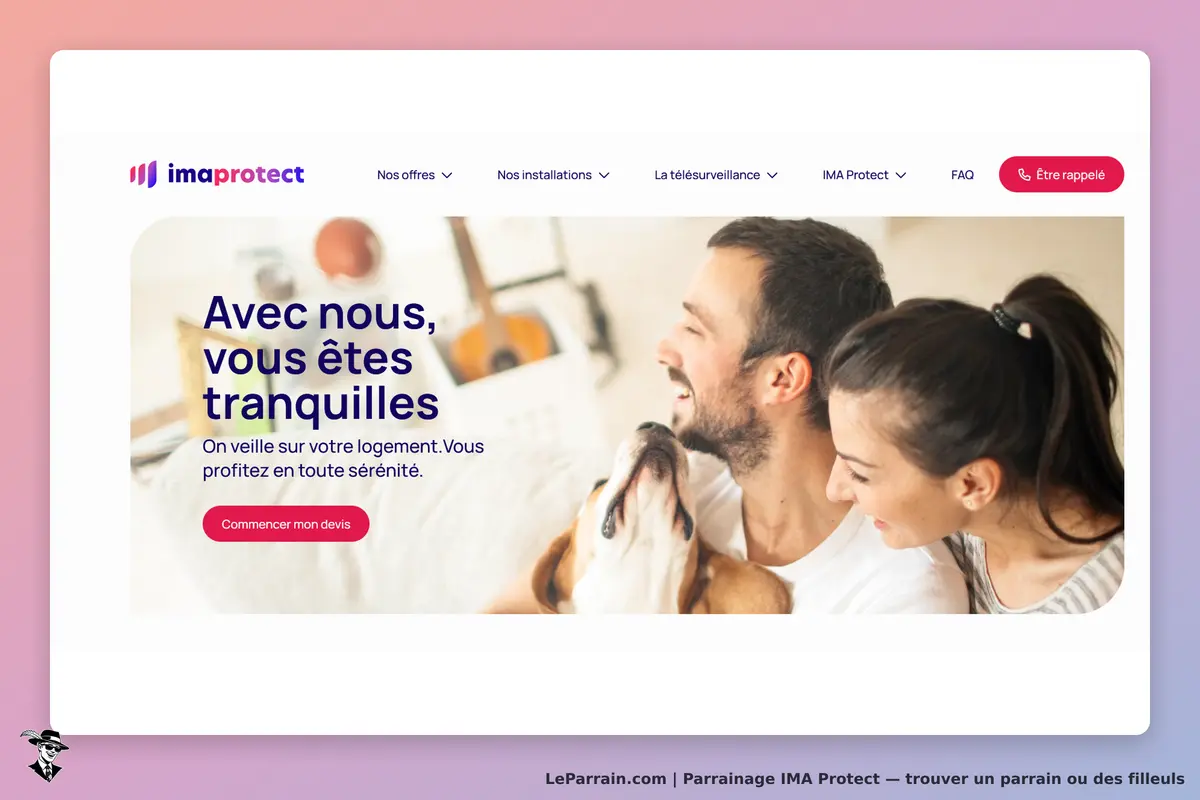 IMA Protect : page d'accueil avec un couple et un chien, slogan sur la sécurité du logement