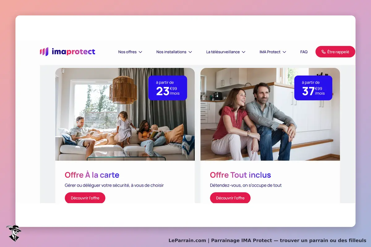 IMA Protect : page d'accueil avec deux offres et images de familles dans des intérieurs modernes