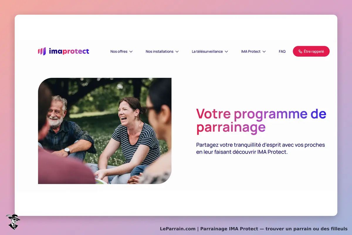IMA Protect : page d'accueil avec des personnes souriantes en discussion en extérieur