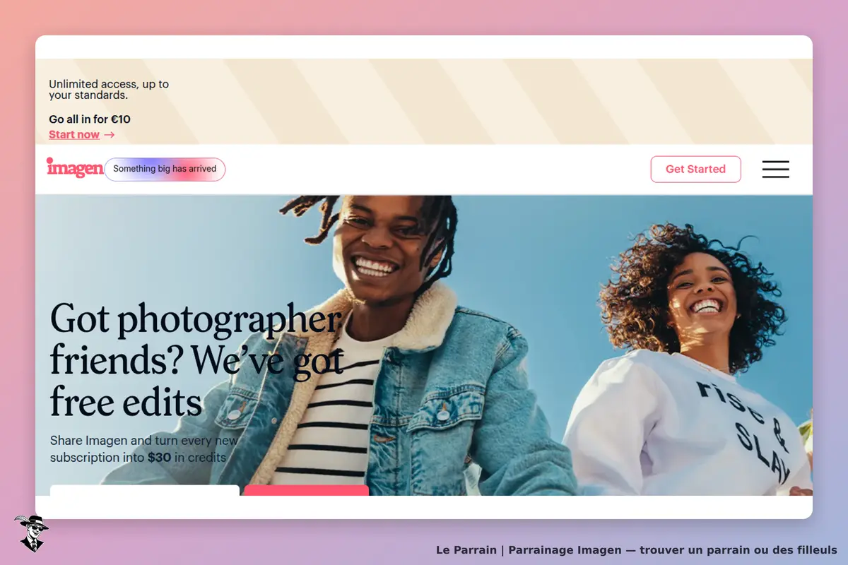 Imagen : deux personnes souriantes en extérieur, texte sur les amis photographes et des éditions