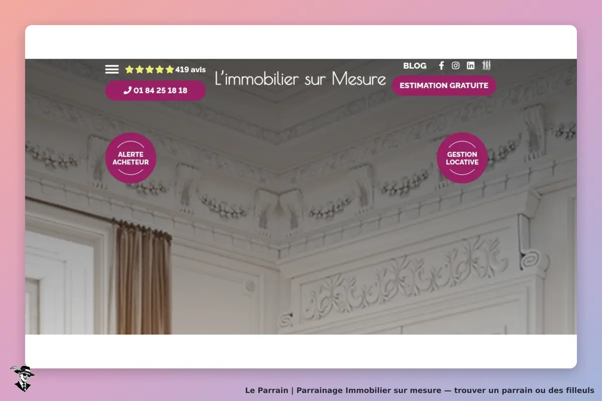 Immobilier sur mesure : en-tête avec logo, numéro de téléphone et boutons d'accès à des services