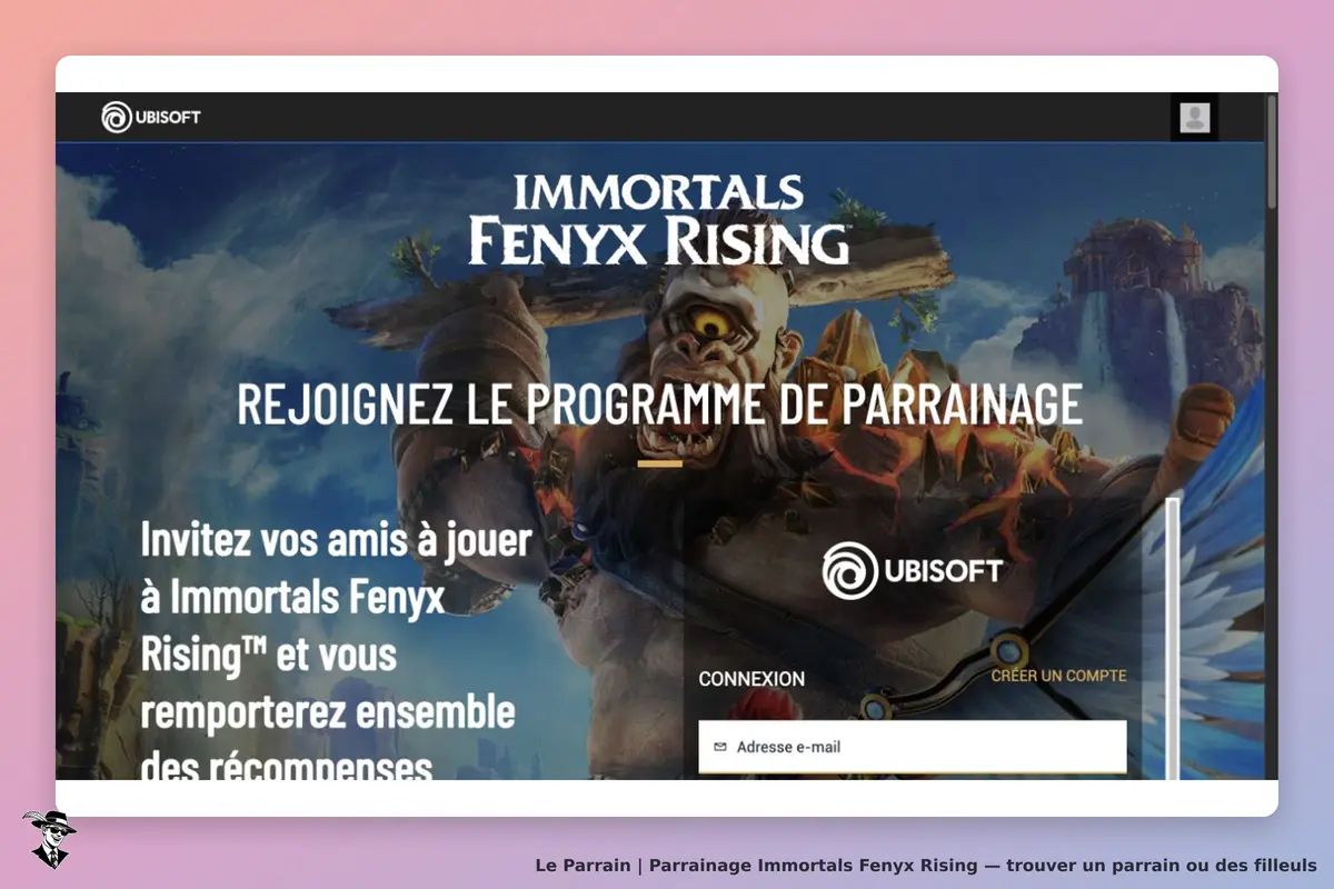 Immortals Fenyx Rising : portail officiel Ubisoft du programme de parrainage, invitation des amis et connexion.