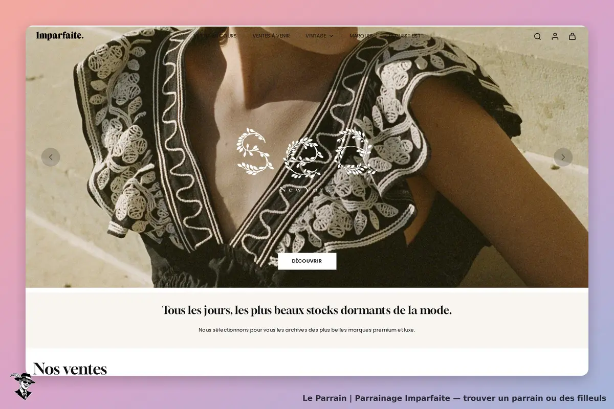 Imparfaite : page d'accueil avec un modèle portant un vêtement noir à broderies blanches