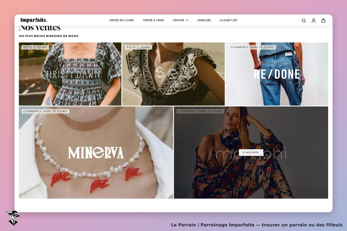 Imparfaite : page d'accueil affichant plusieurs marques de mode et produits en vente