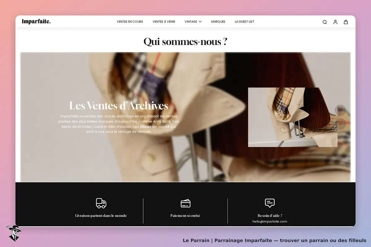 Imparfaite : page d'accueil avec un aperçu de vêtements et informations sur les ventes d'archives