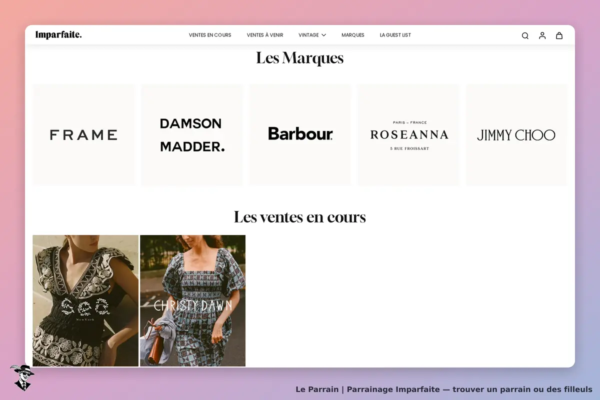 Imparfaite : logos de marques et images de vêtements en vente sur la page d'accueil