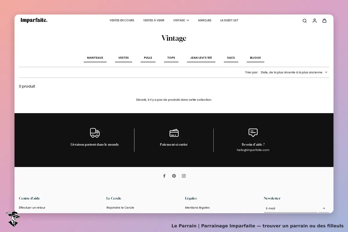 Imparfaite : catégorie Vintage avec message indiquant l'absence de produits