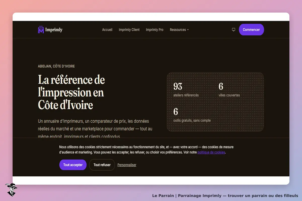 Imprimly : page d'accueil avec informations sur l'impression en Côte d'Ivoire et options de cookies