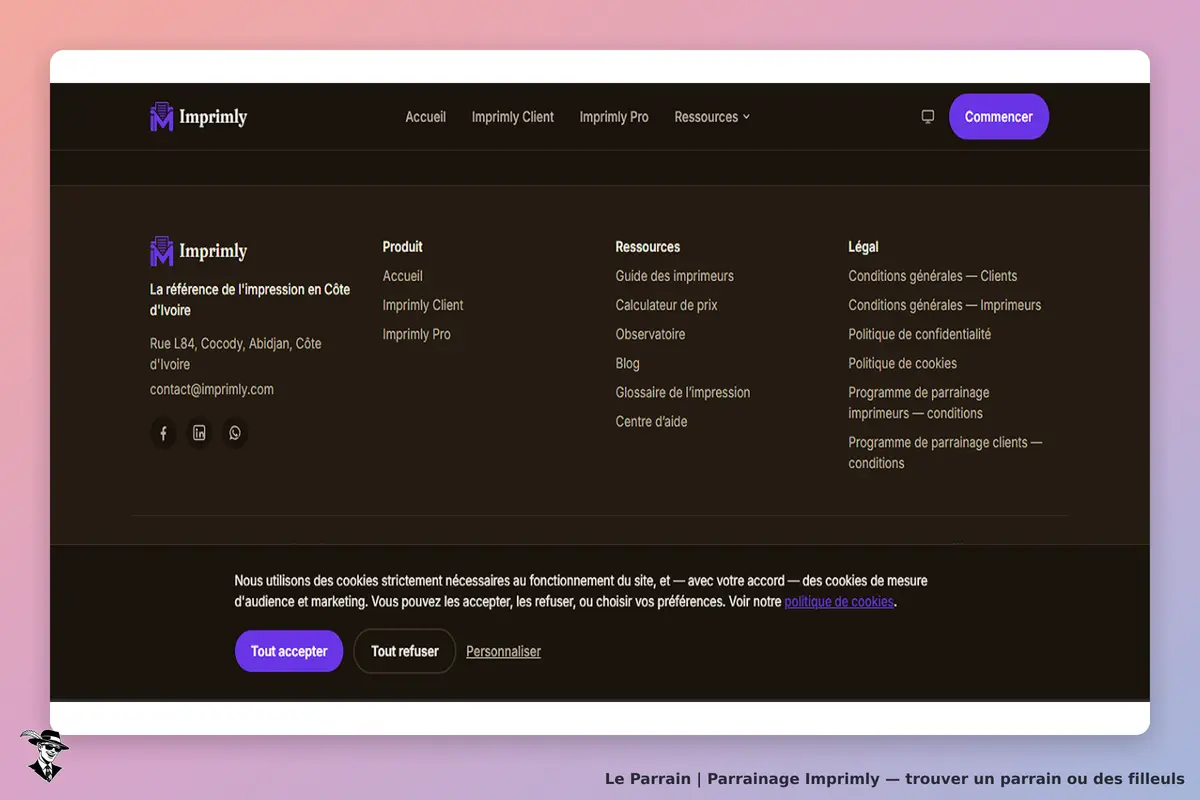 Imprimly : page d'accueil avec navigation et informations de contact en bas de page
