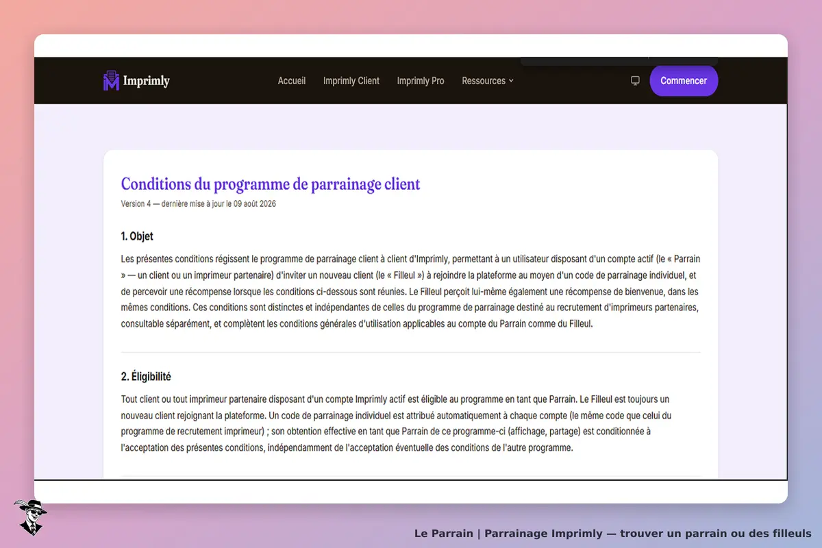 Imprimly : conditions du programme de parrainage client affichées sur la page d'accueil