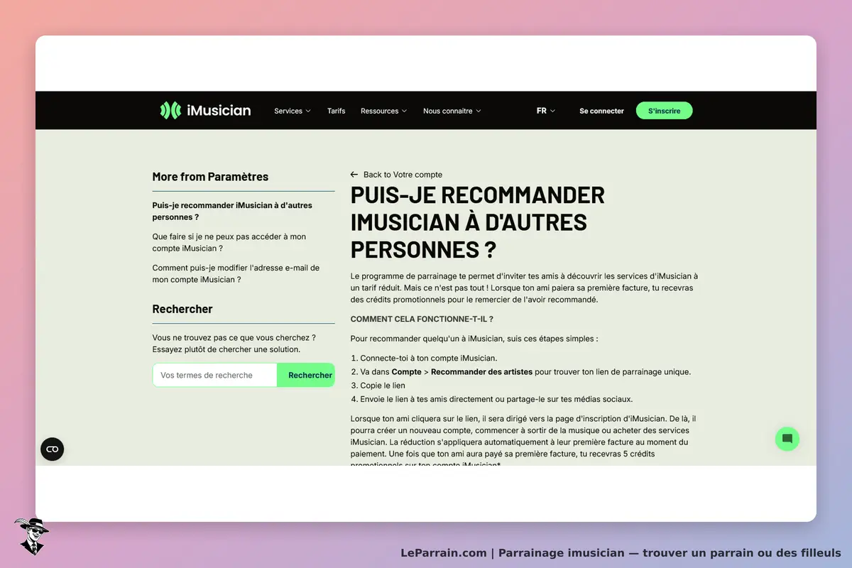 iMusician : page d'aide sur le parrainage avec questions fréquentes et formulaire de recherche