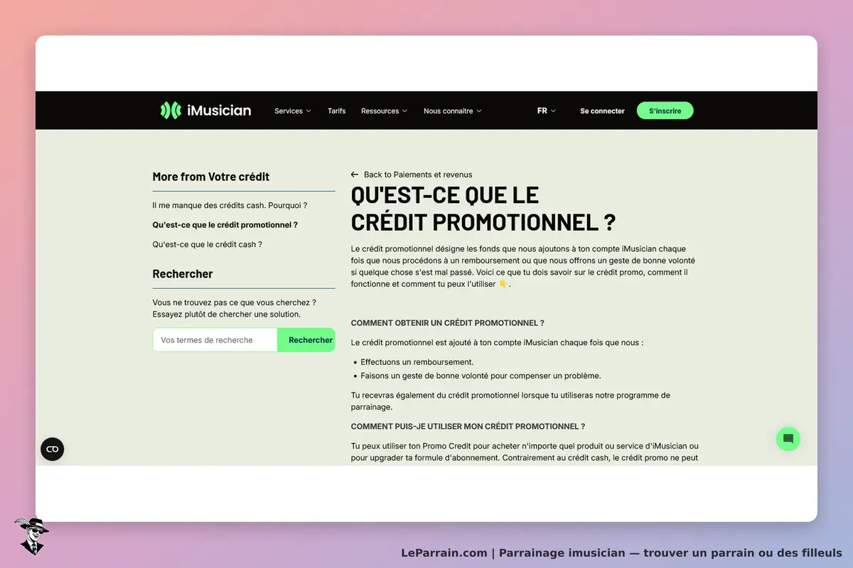 iMusician : page d'information sur le crédit promotionnel et options de recherche