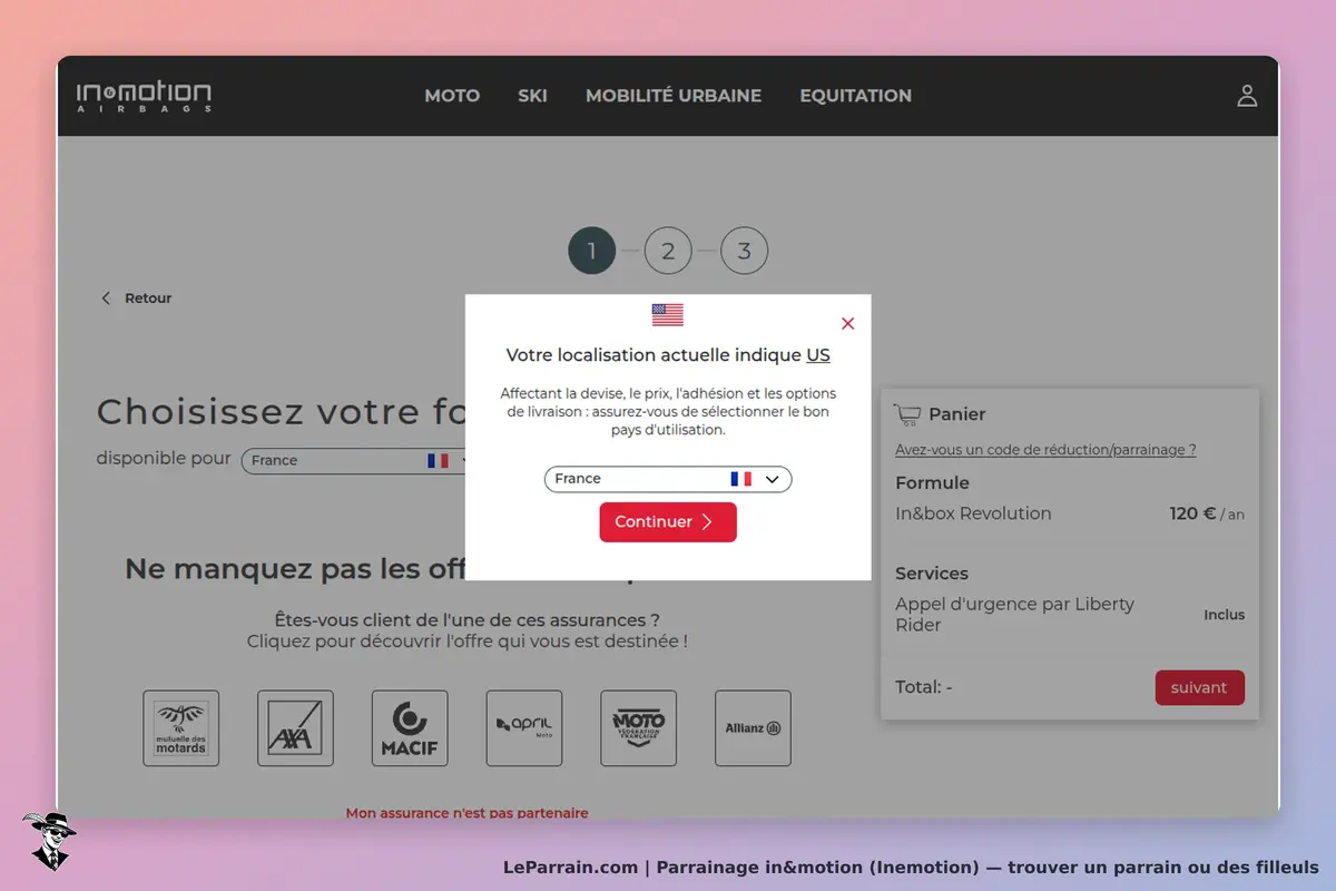in&motion (Inemotion) : in&motion : page d'accueil avec choix de localisation et aperçu du panier