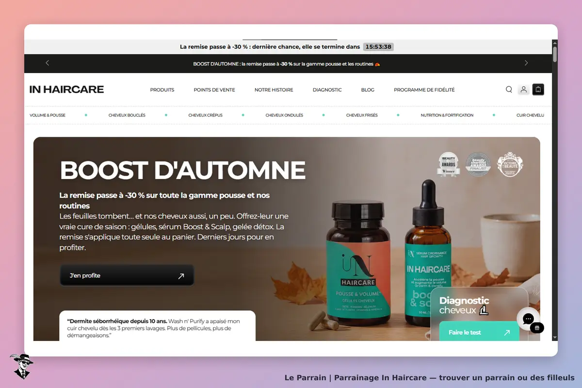 In Haircare : page d'accueil avec produits pour cheveux et promotion "Boost d'automne"