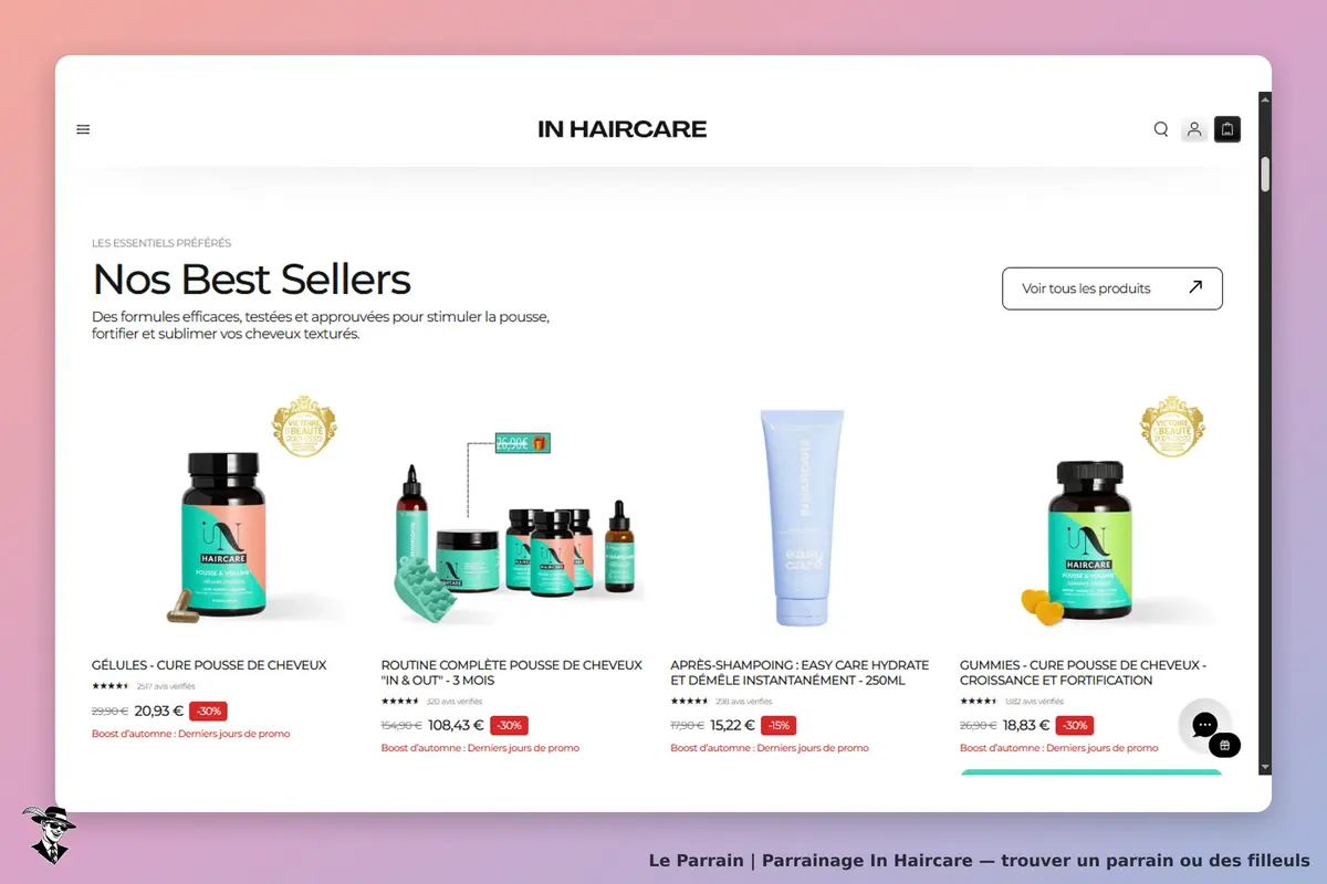 In Haircare : page d'accueil présentant les best sellers et divers produits capillaires