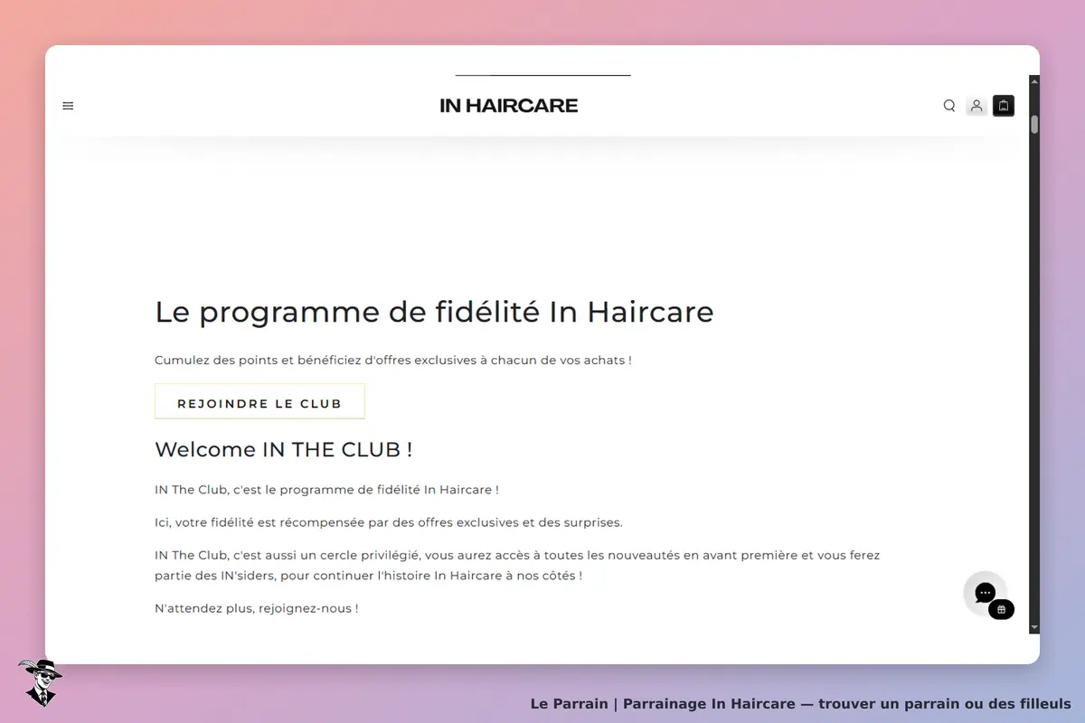 In Haircare : page d'accueil présentant le programme de fidélité et un bouton pour rejoindre le