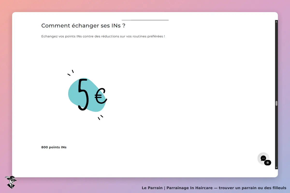 In Haircare : page expliquant l'échange de points INs contre réductions, avec un montant affiché