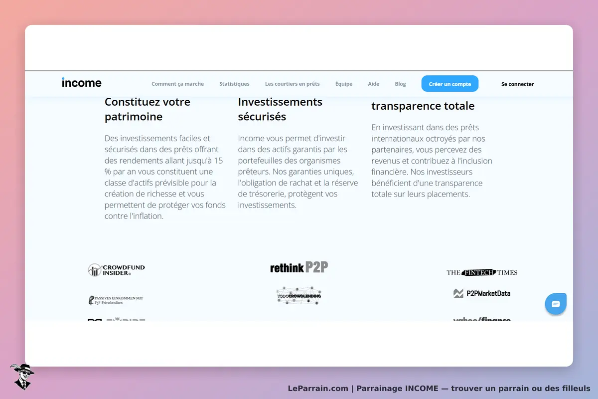 INCOME : page d'accueil présentant des sections sur les investissements et la transparence