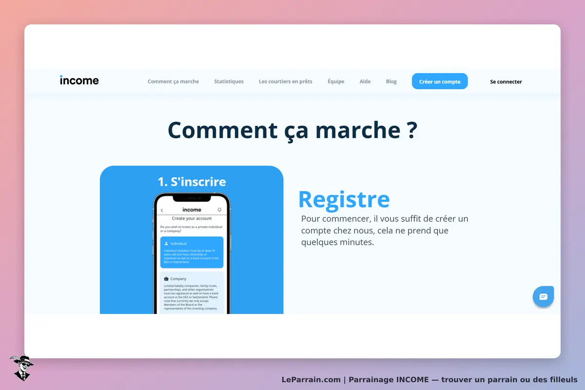 INCOME : page d'accueil présentant le processus d'inscription avec un smartphone et des